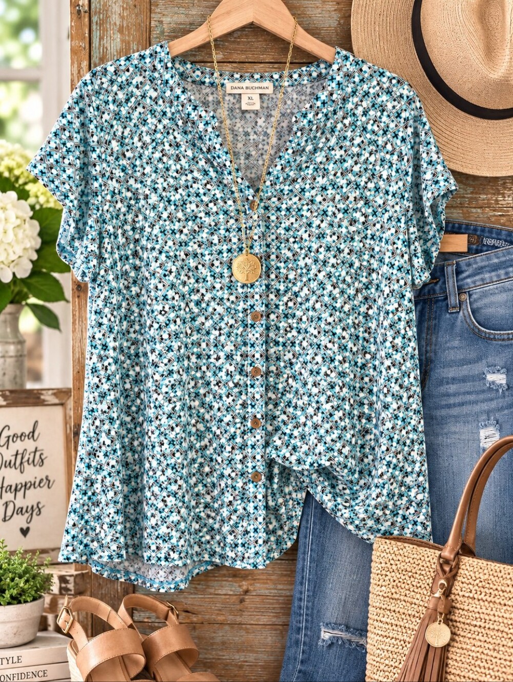 Dana Buchman XL Turquoise Geometric Print Button Front Tunic Blouse